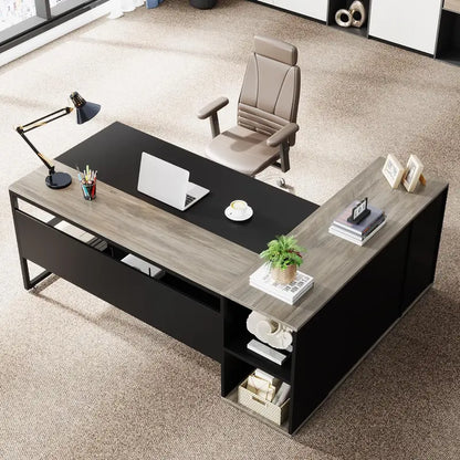 71-Inch L-Shaped Executive Desk  Office Workstation with Cabinet Storage, Shelves & Dual-Tone Finish (Brown/Black)