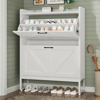 Compact Shoe Storage Cabinet Featuring Two Flip Drawers and One Adjustable Shelf