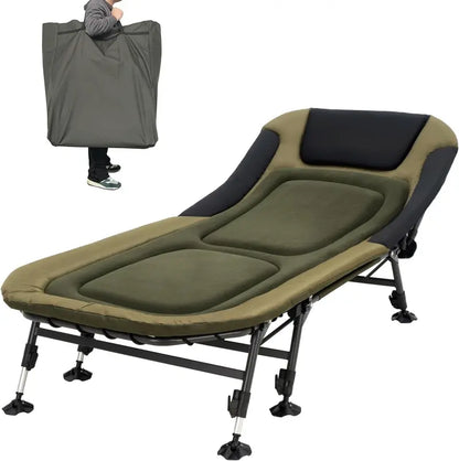 Portable Military Camping Cot for Adults 330lbs  Heavy Duty Folding Bed with Soft Padded Cushion, 180° Adjustable Reclining Outdoor Lounger, Green