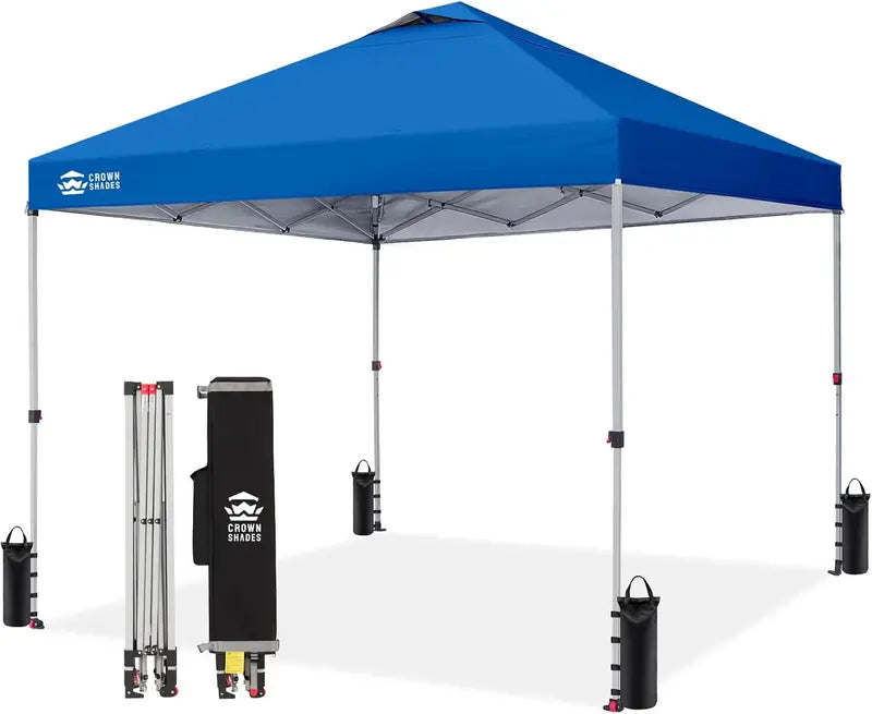 CROWN SHADES 10′ x 10′ Beach Canopy Tent: One-Push Deployment, Silver-Coated UV-Reflective Top, Three-Height Adjustment, and Sandbag Stability System