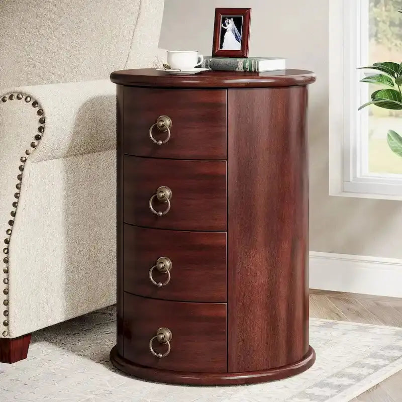 No-Assembly Vintage End Table  Solid Wood Round Side Table with Drawers