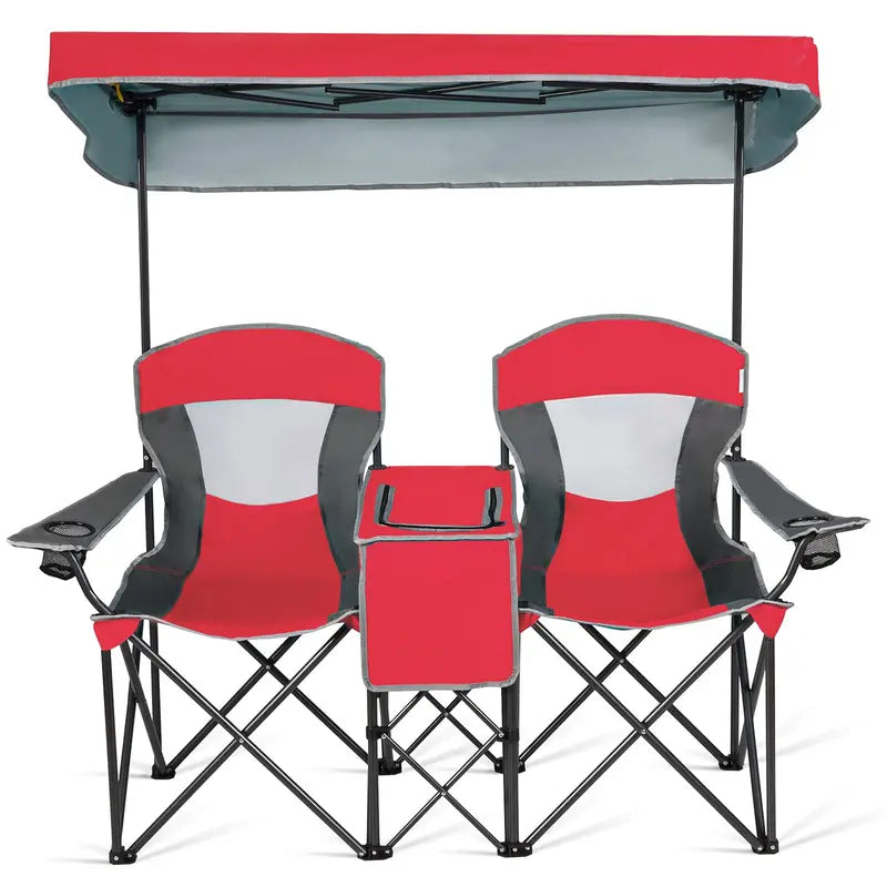 Dual-Person Camping Chair with Integrated Shade Canopy