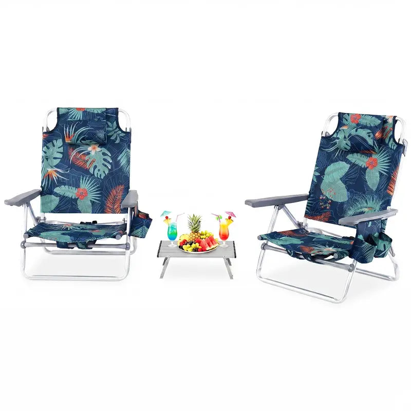 Adjustable Folding Beach Chair for Adults  5-Position Recline, Head Pillow & Integrated Cooler Bag