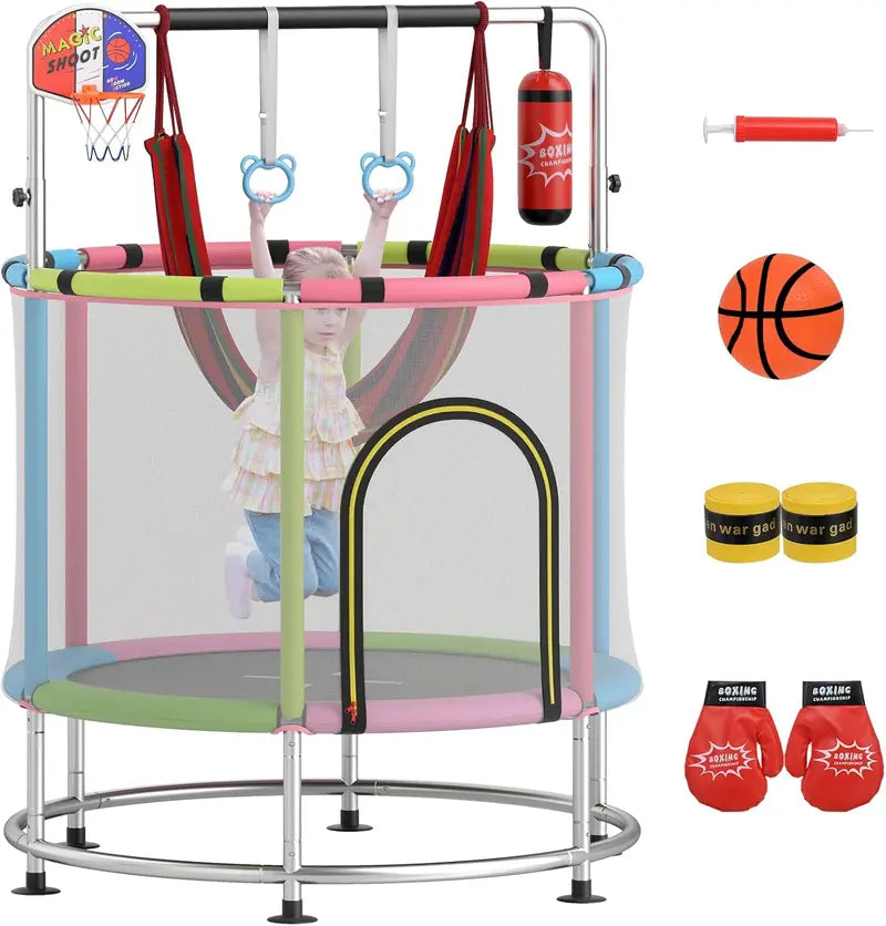 55-Inch Kids’ Mini Trampoline  Heavy-Duty Bouncer with Hammock & Enclosed Safety Net