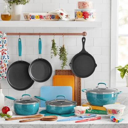 The Pioneer Woman Brilliant Blooms 38-Piece Teal Cookware Set  Floral-Print Kitchen Collection