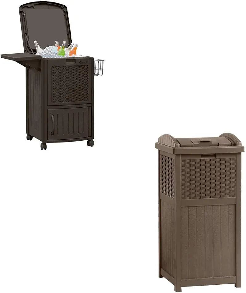 Dual-Use Outdoor Cart: 77-Qt Wicker-Style Cooler + 33-Gal Resin Waste Bin Set