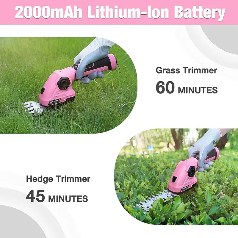 WORKPRO 7.2V Cordless 2-in-1 Hedge & Grass Trimmer  Handheld Electric Trim Tool with Pink Ribbon Design