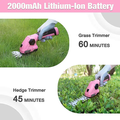 WORKPRO 7.2V Cordless 2-in-1 Hedge & Grass Trimmer  Handheld Electric Trim Tool with Pink Ribbon Design