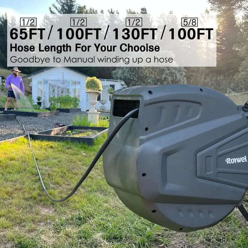 Roywel 65-Foot Retractable Garden Hose Reel with Wall-Mount Bracket