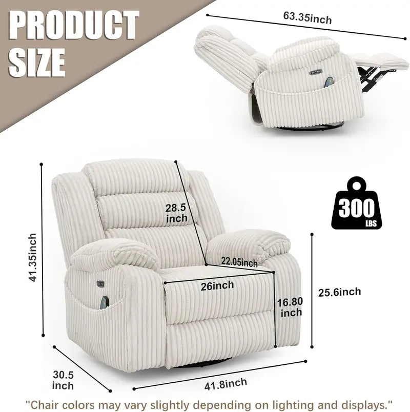 Electric Rotary Rocker Lounge Chair  Full-Function Massage, USB/C Charging Ports