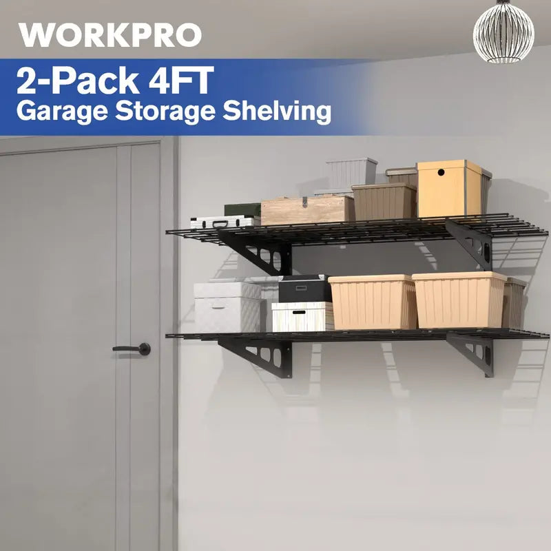 WORKPRO 2-Pack Wall-Mounted Garage Shelving  48″ x 24″, 400lb Total Capacity, Black Finish