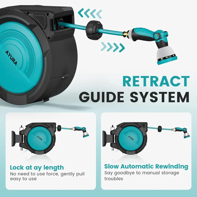 AYURA Retractable Garden Hose Reel  Adjustable Length Lock, Gentle Auto-Rewind & 10-Spray Nozzle