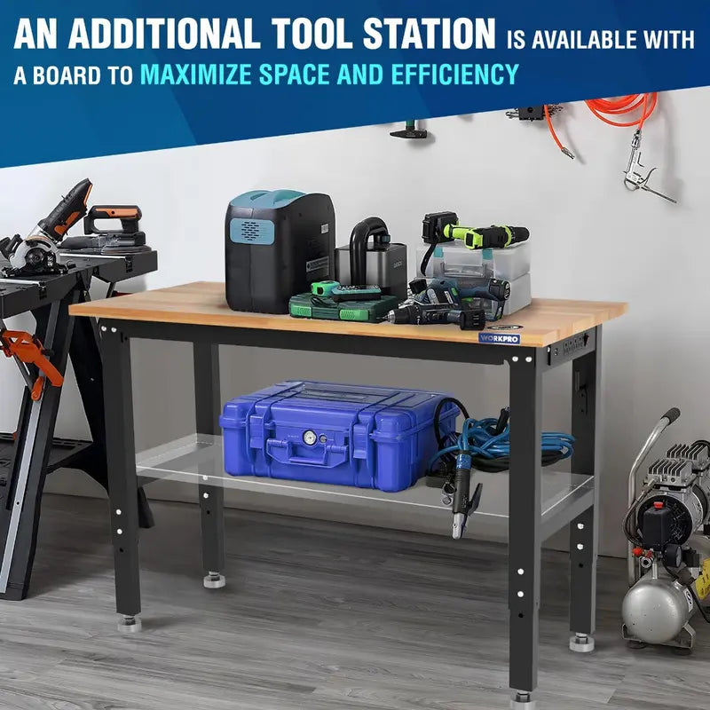 WORKPRO 48″ x 22″ Heavy-Duty Adjustable Workbench  1500-LB Load, Hardwood Surface