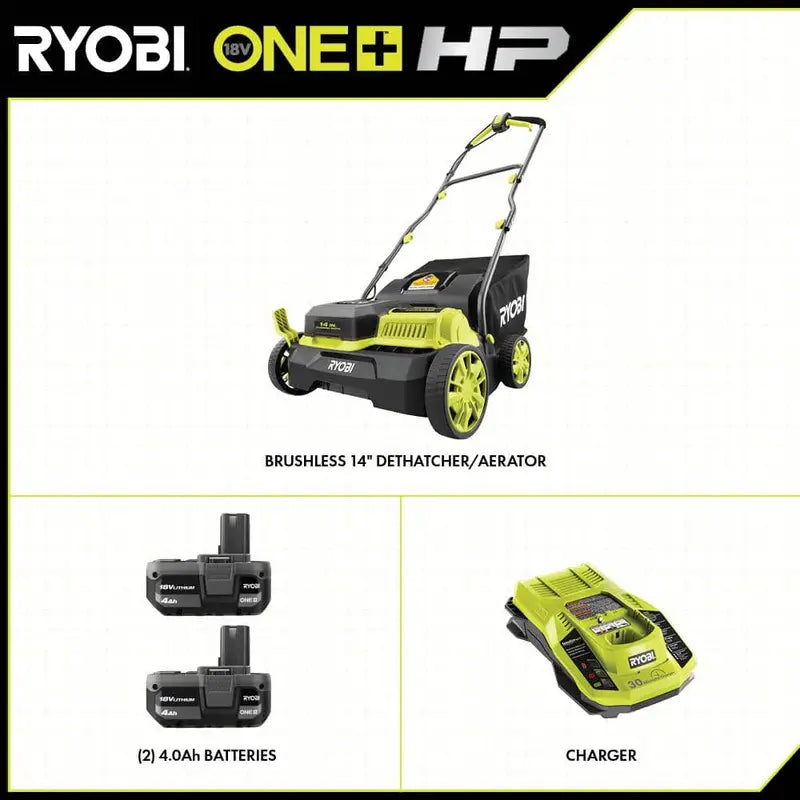 RYOBI ONE+ HP 18V Brushless 14 in. Cordless Battery Dethatcher/Aerator with (2) 4.0 Ah Batteries and Charger P2740