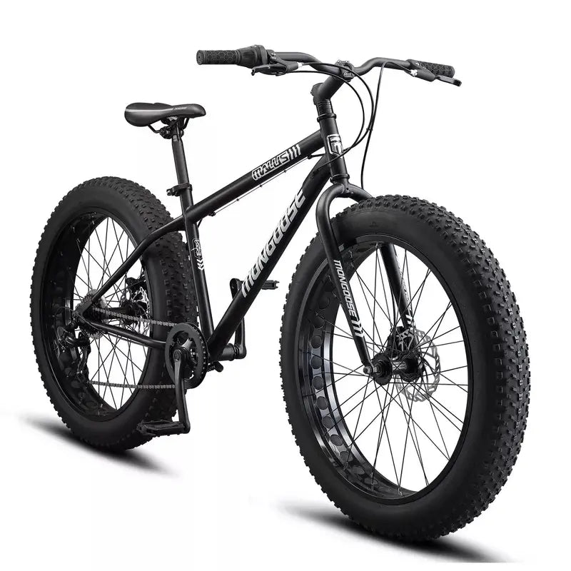 Mongoose Malus 26″ 7-Speed Fat Tire Mountain Bike with Disc Brakes  Black, Adult