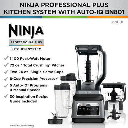 Ninja BN801 Professional Plus 1400W 5-in-1 Kitchen System, 72oz Blender, 64oz Processor, Grey
