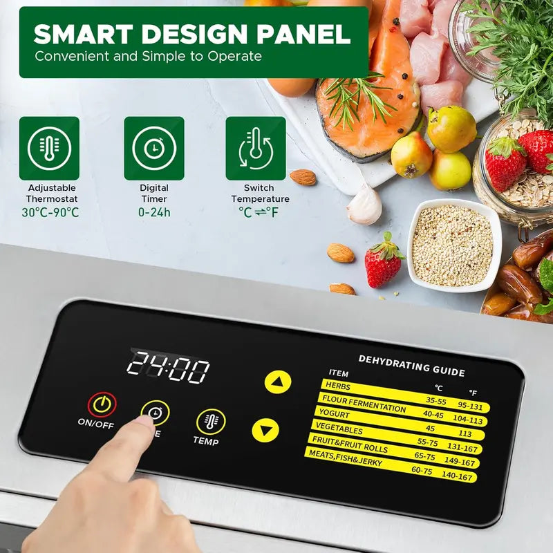 12-Tray Stainless Steel Food Dehydrator  Dual-Fan 360° Airflow, 24-Hour Timer, 30°C90°C Range & Overheat Protection (800W)