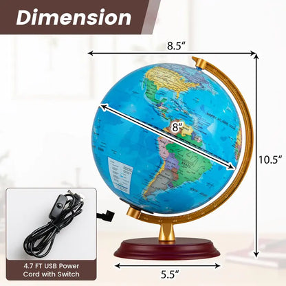 8-Inch Nightlight Globe Lamp  HD Map Illuminated Desk Light with Wooden Base