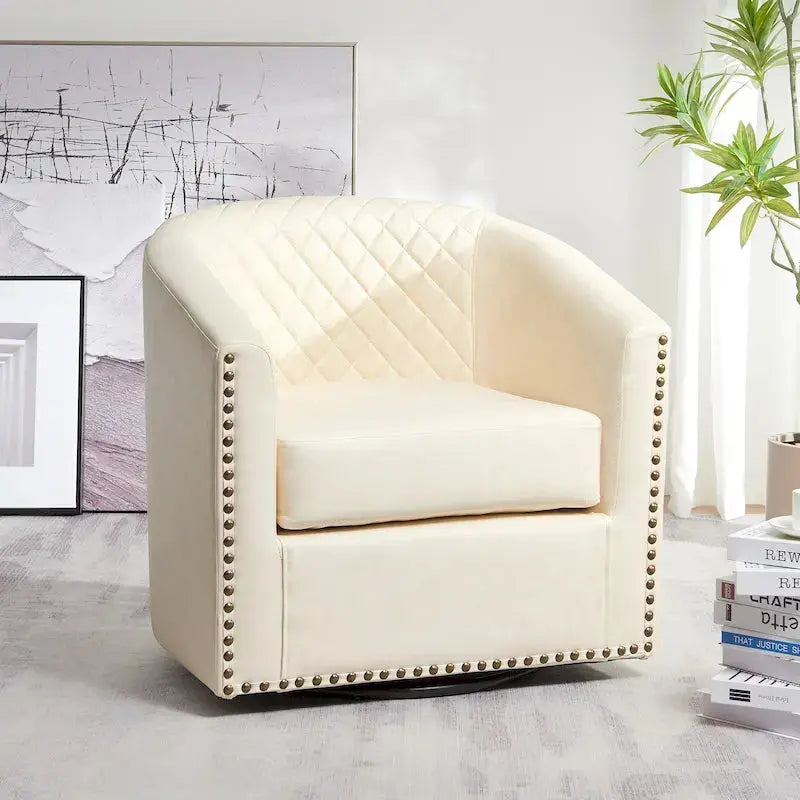 KINWELL Swivel Barrel Chair  29″ Wide Tufted PU Leather Accent Seating with 360° Rotation
