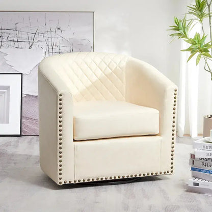 KINWELL Swivel Barrel Chair  29″ Wide Tufted PU Leather Accent Seating with 360° Rotation