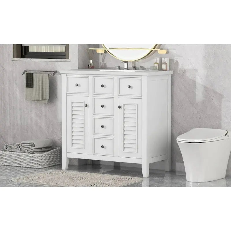 Modern Bathroom Vanity Featuring Ceramic Sink, Dual Cabinets, and Five-Drawer Storage