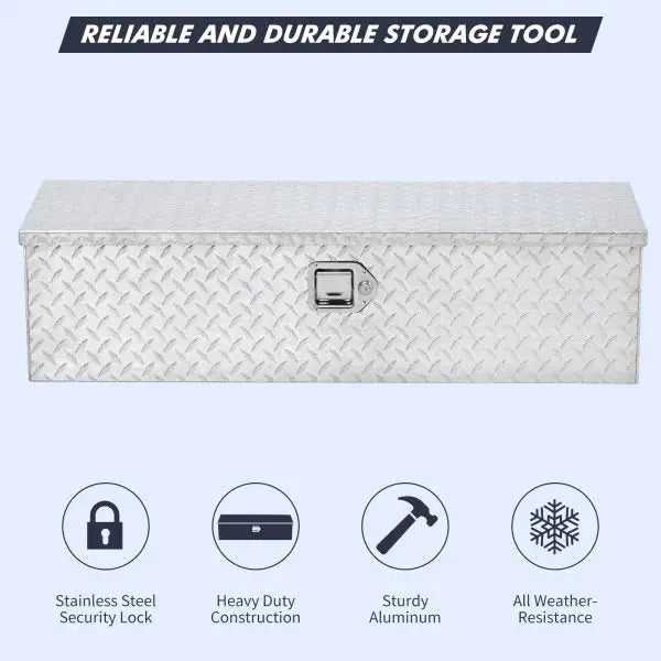 48″ Diamond-Plate Aluminum Truck Bed Toolbox with Internal Shelf  Silver Finish
