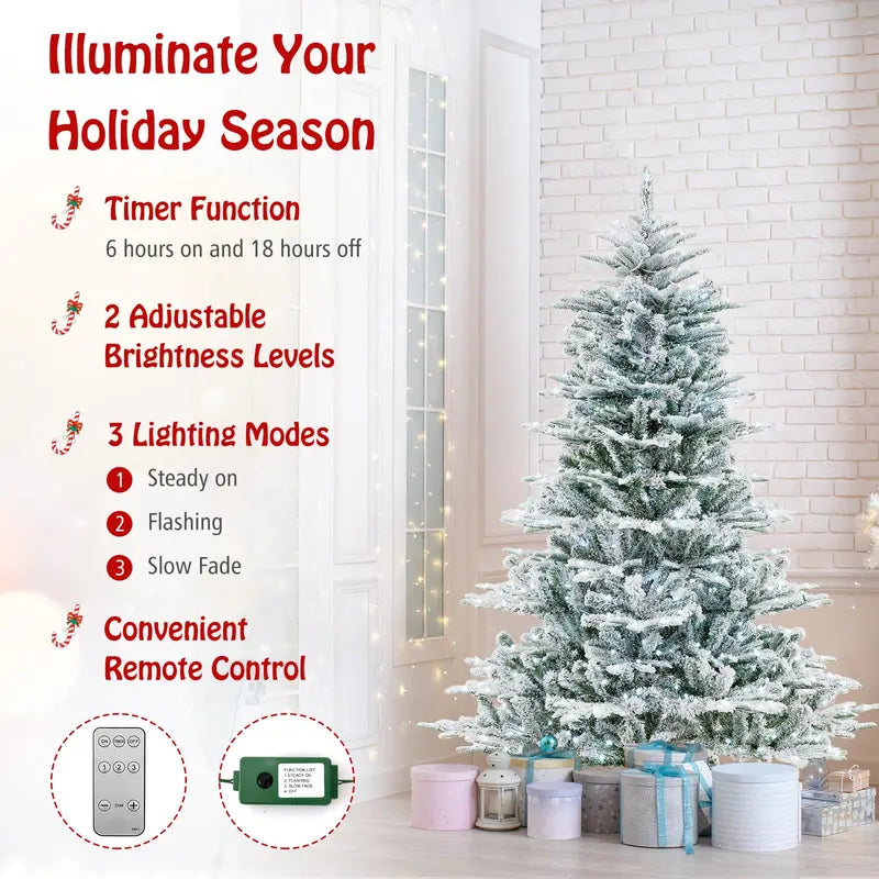 6-8 ft Snow-Flocked Pre-Lit Christmas Tree  Hinged Artificial Xmas Tree with 6611447 PVC/PE Tips