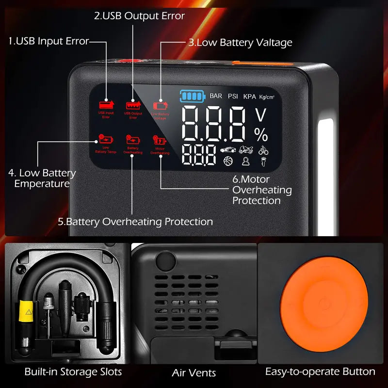 All-in-One Car Jump Starter Featuring Integrated Air Compressor and USB Charging Ports