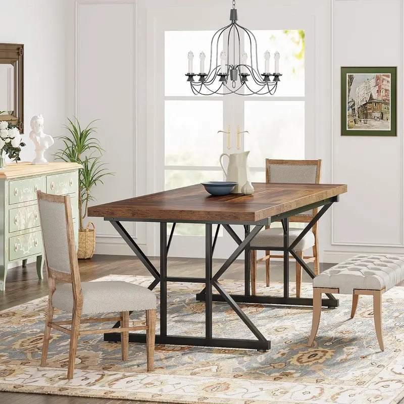 70.8-Inch Rustic Rectangular Farmhouse Dining Table for 6 — Solid Wood Top with Heavy-Duty Metal Legs