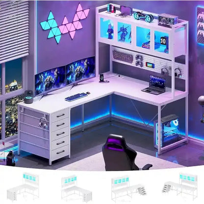 L-Shaped Gaming Desk with Pegboard Wall System, Five-Drawer Organizer, and Shelf Storage