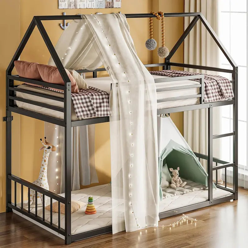 LIKIMIO House-Style Twin-over-Twin Bunk Bed with Decorative Guardrail and Reinforced Metal Slats