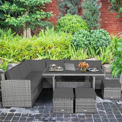 7-Piece Rattan Patio Dining Set  Sectional Sofa, Table, Ottomans & Cushions