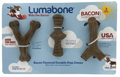 Lumabone Durable Chew Toys, Bacon Flavored (3 Pack)