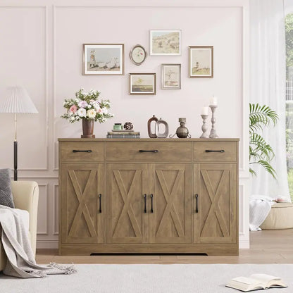 55-Inch Modern Farmhouse Sideboard  Large Storage Buffet with Doors, Shelves & Coffee Bar Style