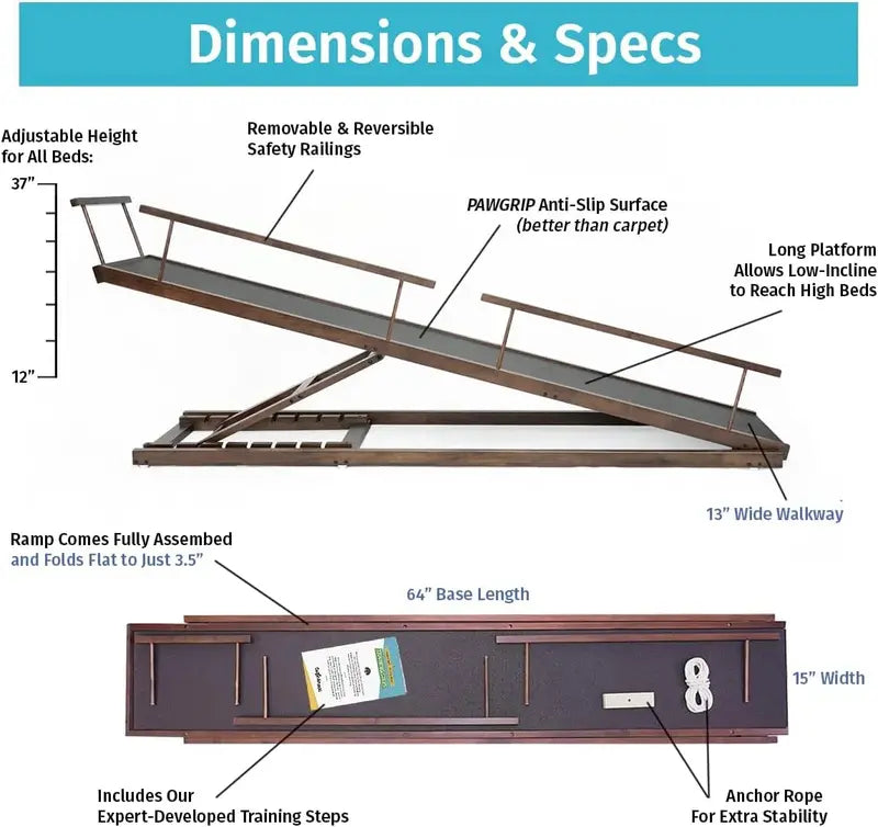 Dog Ramp for Beds  Height-Adjustable Pet Stair Alternative (up to 37″) with Safety Rails & Non-Slip Surface, Hardwood Construction, North America Made