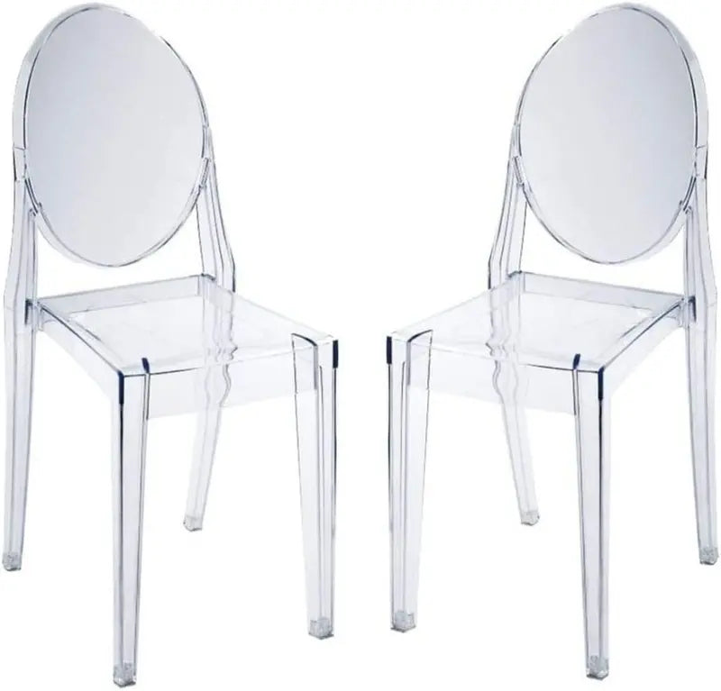 Set of Two Philippe StarckInspired Ghost Chairs: Transparent Polycarbonate Design, Stackable, Ergonomic, and Suitable for Indoor or Outdoor Use