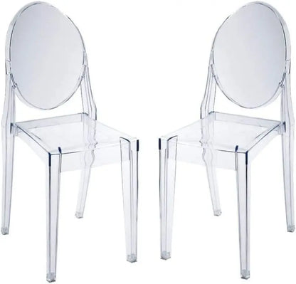 Set of Two Philippe StarckInspired Ghost Chairs: Transparent Polycarbonate Design, Stackable, Ergonomic, and Suitable for Indoor or Outdoor Use