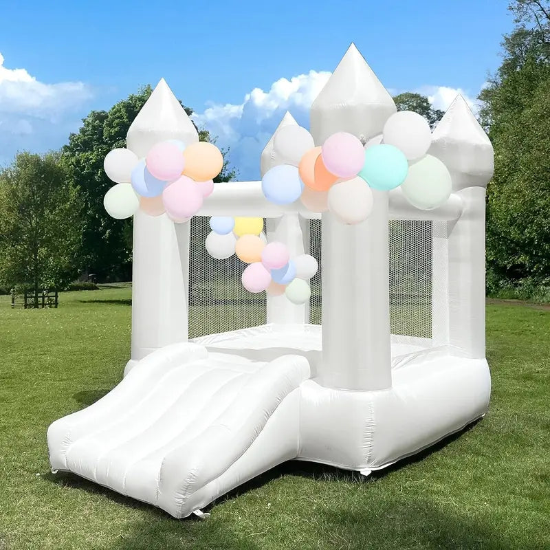 White Indoor/Outdoor Toddler Bounce House  Oxford Fabric Castle with Slide, Balloons & Blower  103 x 71 x 90 Inches  Ideal for Birthdays & Holiday Parties