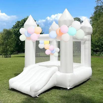 White Indoor/Outdoor Toddler Bounce House  Oxford Fabric Castle with Slide, Balloons & Blower  103 x 71 x 90 Inches  Ideal for Birthdays & Holiday Parties