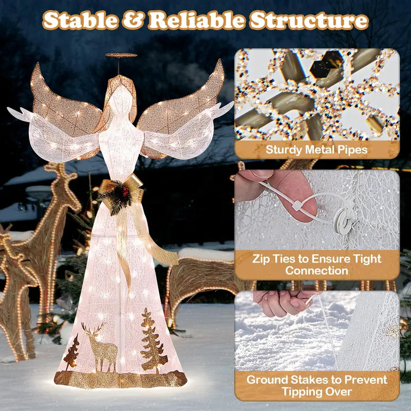 Pre-Lit 3D Glittered Angel Ornament with 100 Warm White Lights, Halo, Bow, and Ground Stake
