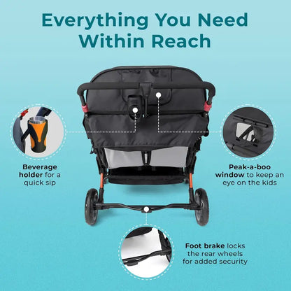 Compass Quad 4-Seat Stroller  Daycare-Ready Multi-Child Carrier with UV Canopy, 5-Point Harnesses, and Storage Bucket