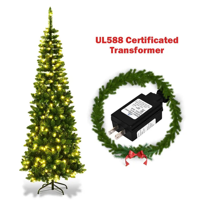 Premium Pre-Lit Pencil Christmas Tree  Space-Saving Hinged Fir with Premium Branch Tips