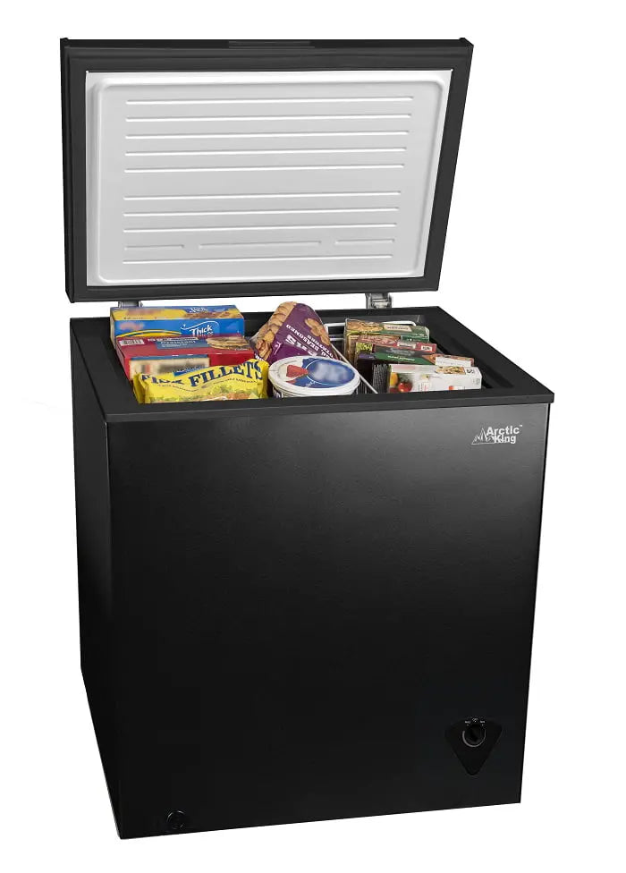 Arctic King Compact 5 Cubic Foot Chest Freezer  Sleek Black Design, Space-Saving Frozen Storage Solution