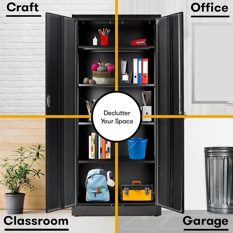 Heavy-Duty Steel Garage Locker  71-Inch Tall Multipurpose Storage Cabinet with Locking Doors & Adjustable Shelving (Black/Silver)