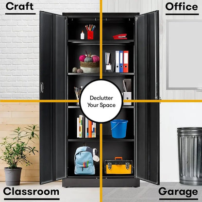 Heavy-Duty Steel Garage Locker  71-Inch Tall Multipurpose Storage Cabinet with Locking Doors & Adjustable Shelving (Black/Silver)