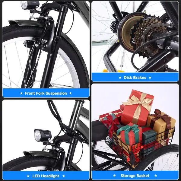 26-Inch Adult Electric Tricycle  3-Wheel Fat-Tire Design, 7-Speed, 350W Motor, 36V 10Ah Removable Battery