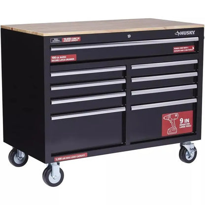 Gloss Black 46″ Mobile Tool Chest  9-Drawer Workbench with Integrated Power Strip and Premium Solid Wood Top