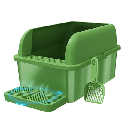 Extra-Large Covered Cat Litter Box with Stainless Steel Pan, High Walls, and Integrated Scoop