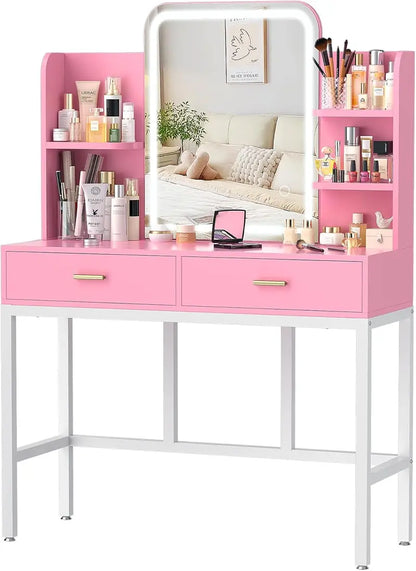 Adjustable LED Vanity Desk  White Dressing Table with Mirror, 2 Drawers, Open Shelves & 3-Color Brightness Control