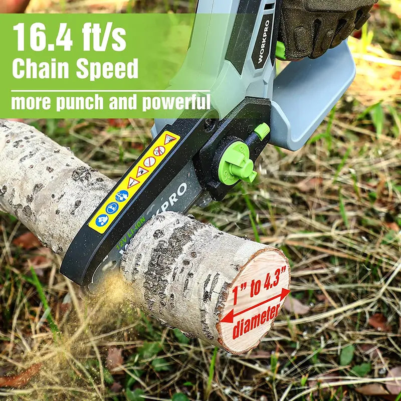 WORKPRO 6.3″ Compact Cordless Mini Chainsaw with Dual Batteries & Spare Bar/Chain
